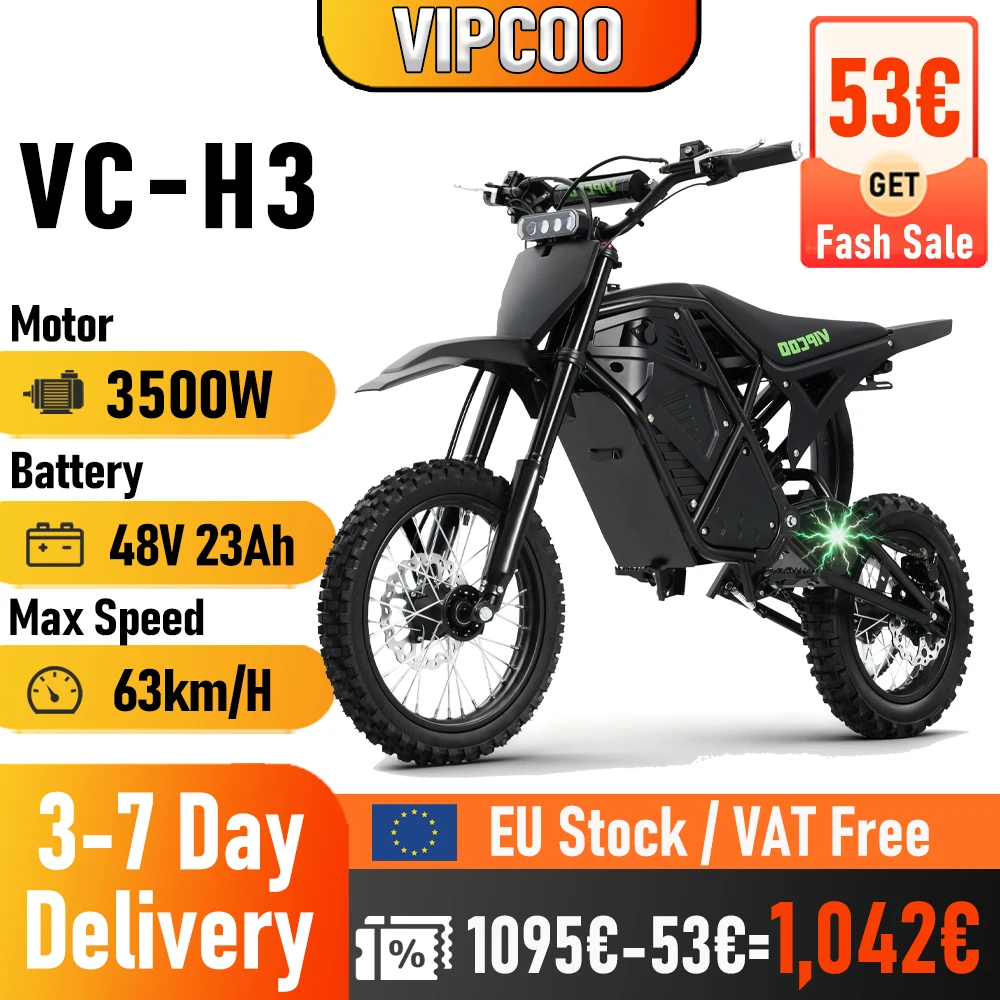 Moto électrique tout-terrain VIPCOO H3 3500W 48V 23AH, moto électrique à pneus larges, suspension à l'azote, moto électrique tout-terrain pour adolescents et adultes