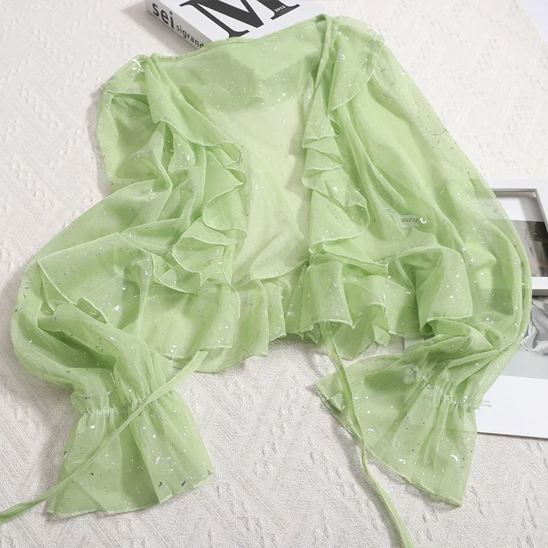 

ITOOLIN Women Ruffles Sweet Long Sleeve Lace Up Shirt Transparent Knit Short Coat Mesh Sheer Chiffon Sun-proof Shirt