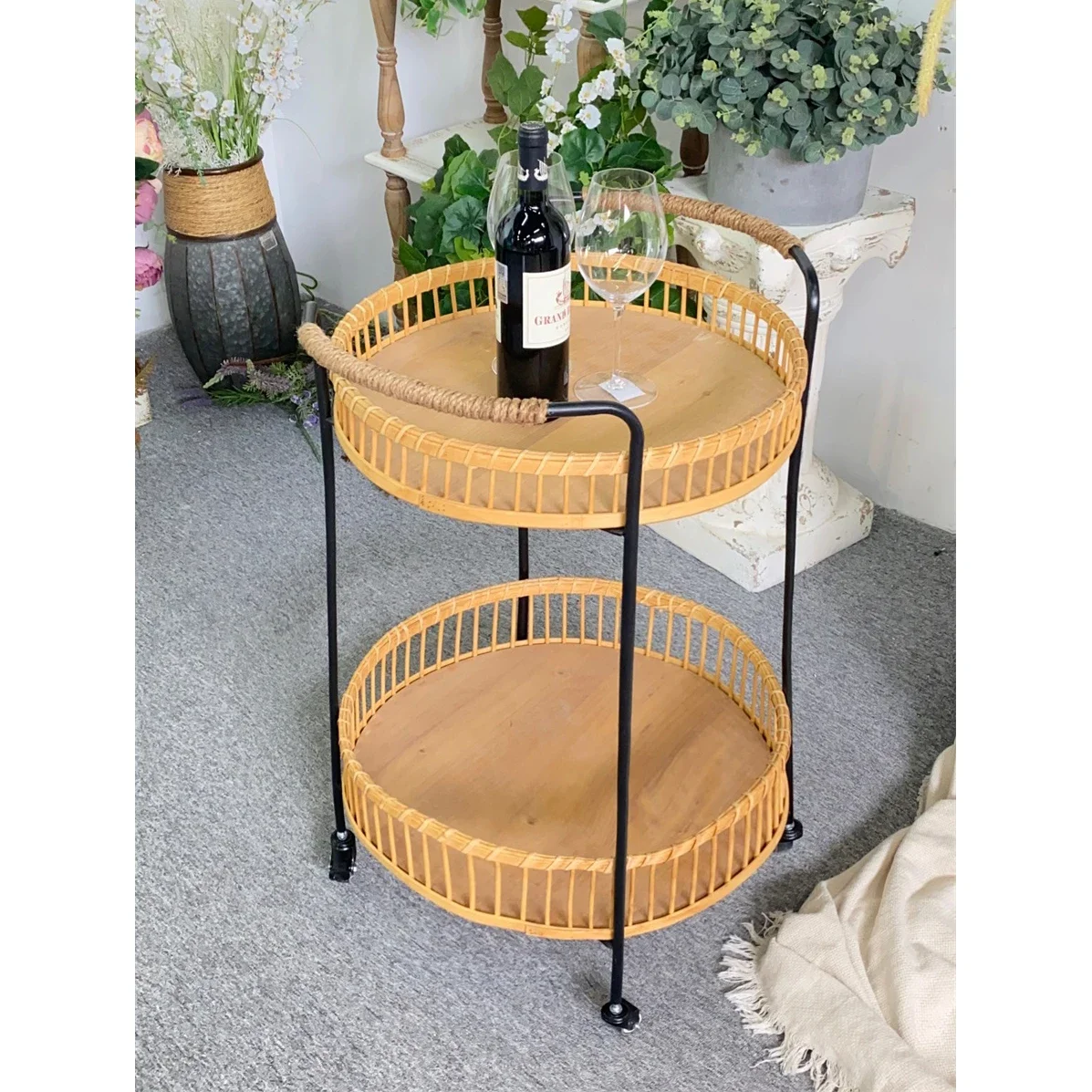 

Home Storage Kitchen Food Rack Shelf Bamboo Rattan Metal Trolley Furniture Modern Hotel Tea Trolley Wine Cart With Wheels