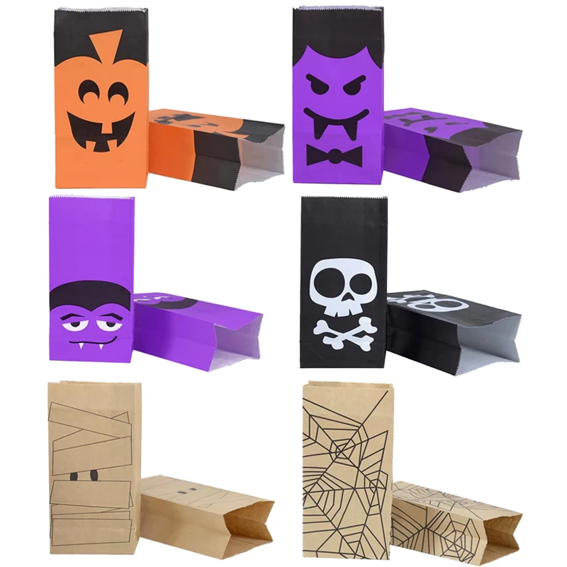 

8 шт., сумка из крафт-бумаги с плоским ртом на Хэллоуин, подарочная упаковка для хранения, тыквенный череп, паук, вечерние сборки, сумка для хранения конфет TMZ