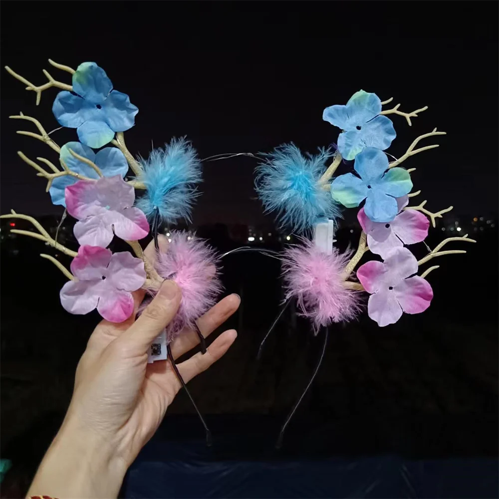 LED Glowing Antlers Headband, Plum Blossom, Feather Elk Hair Acessórios, Decoração de Natal, Party Dress Up Headdress, Novo, 2024