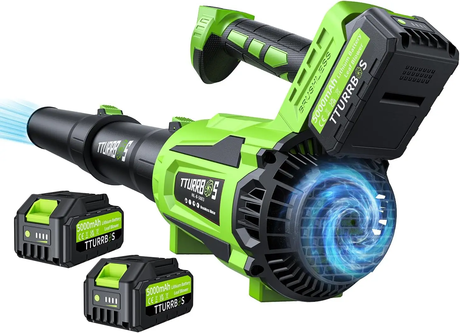 

Аккумуляторная воздуходувка для листьев с бесщеточным двигателем 650CFM, 6-скоростным управлением, эргономичной ручкой и 2 батареями