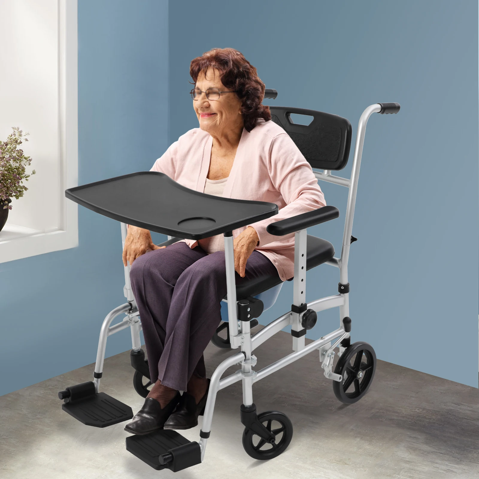 Shower Commode Wheelchair with 4 Lockable Wheels, Footrests, Flip-up Arms, 3-Level Adjustable Height, 5L Removable Bucket