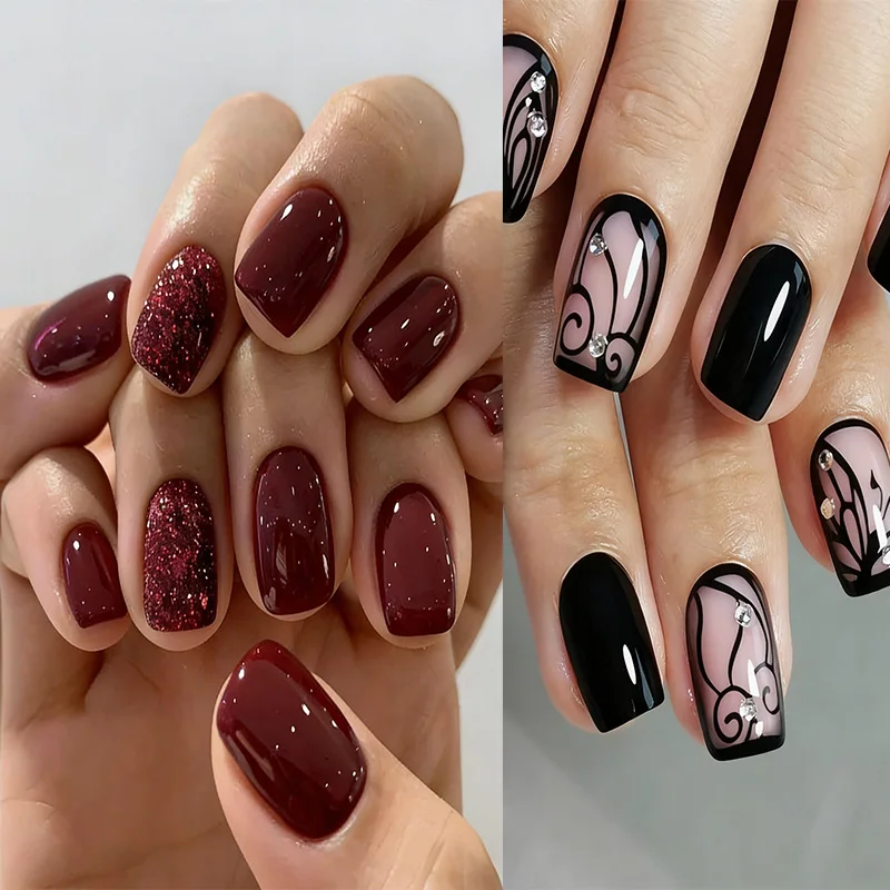 

24Pcs Short Solid Color Wine Red/Black Fake Nail Tips with Glue Glitter Square Head False Nails Wearable Ballet Press on Nails