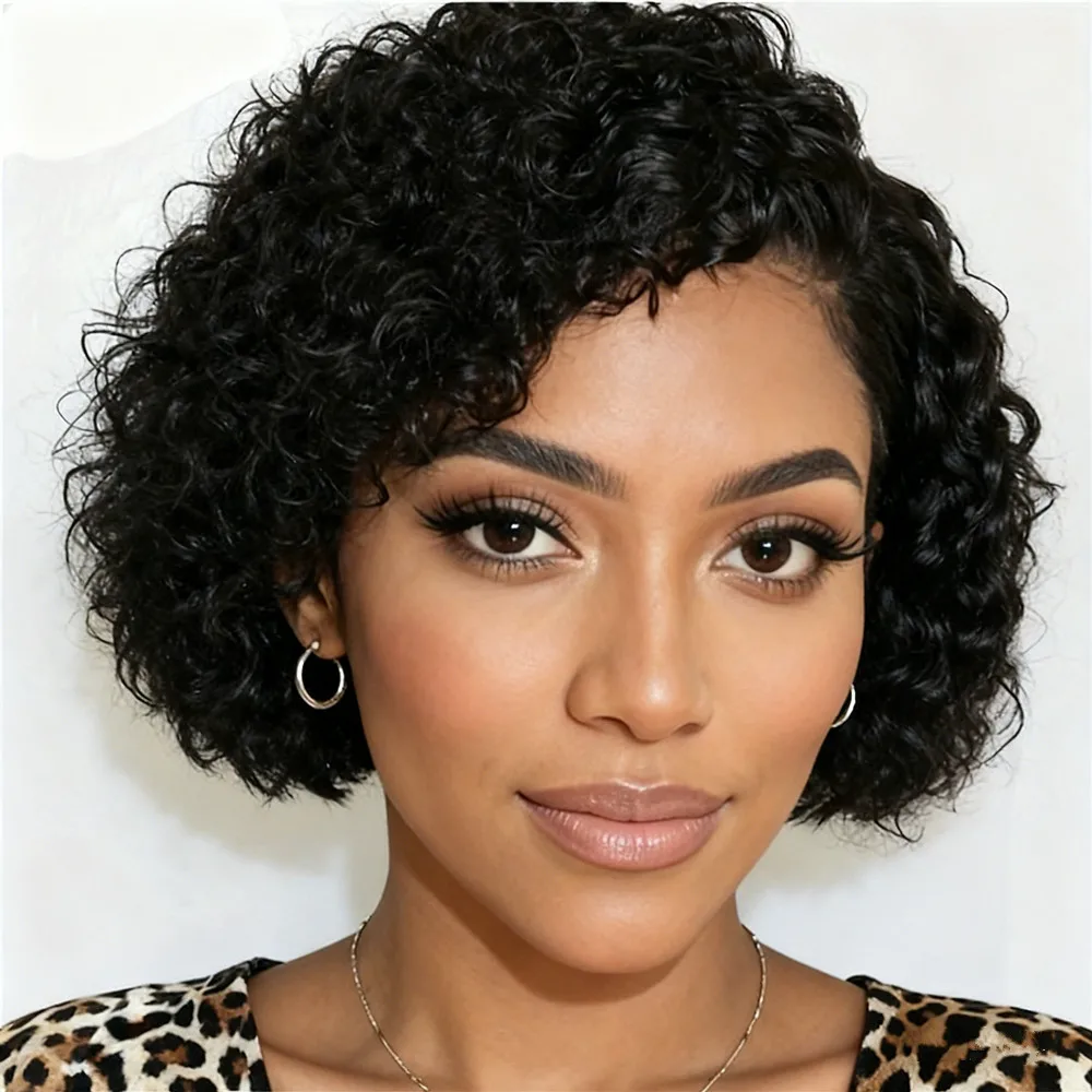 

Подарок 13x4 кружевной боб парик из человеческих волос парик с стрижкой пикси натуральный черный цвет для женщин короткий вьющийся парик из человеческих волос