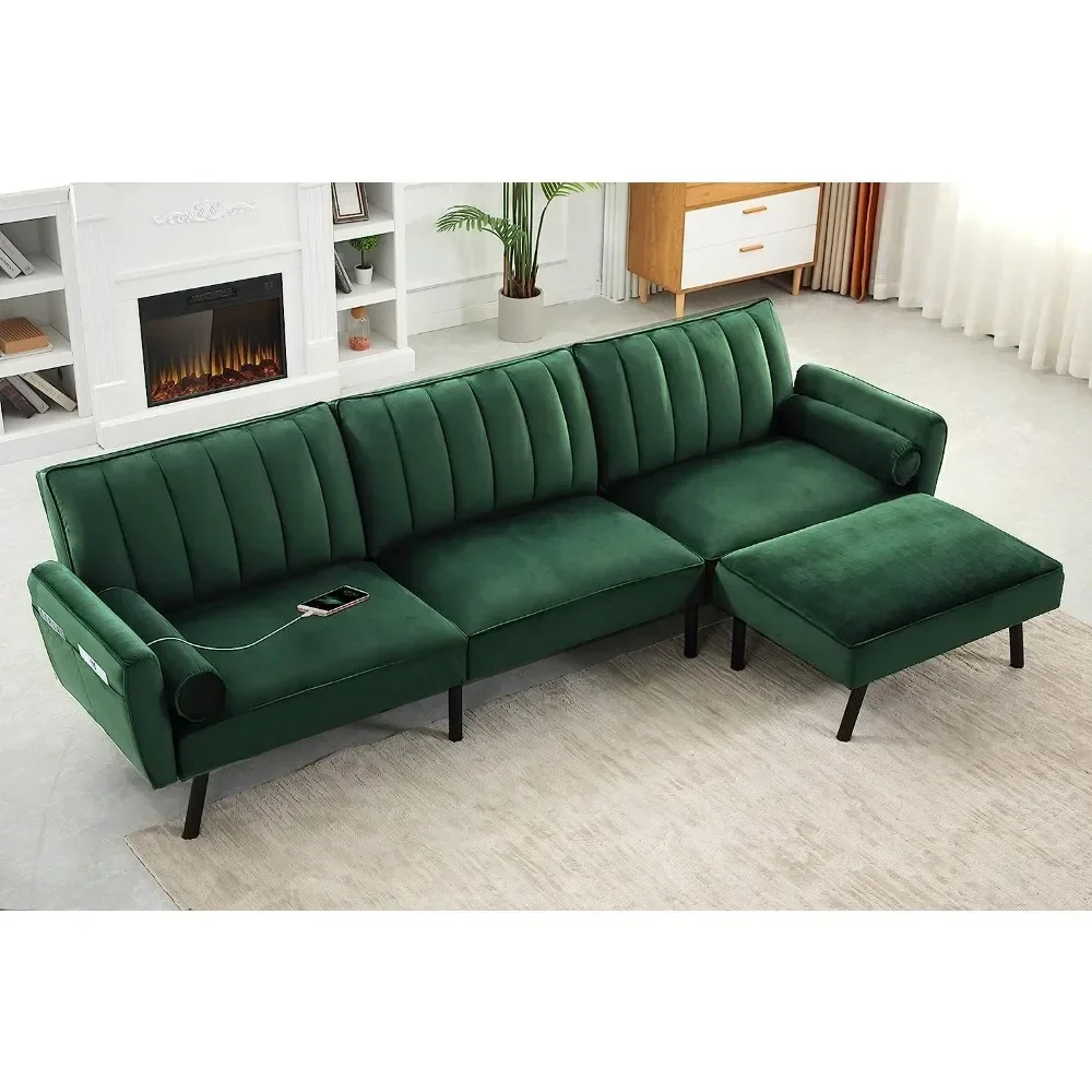 Velvet Sectional Convertible Sofa with Chaise, 106.5