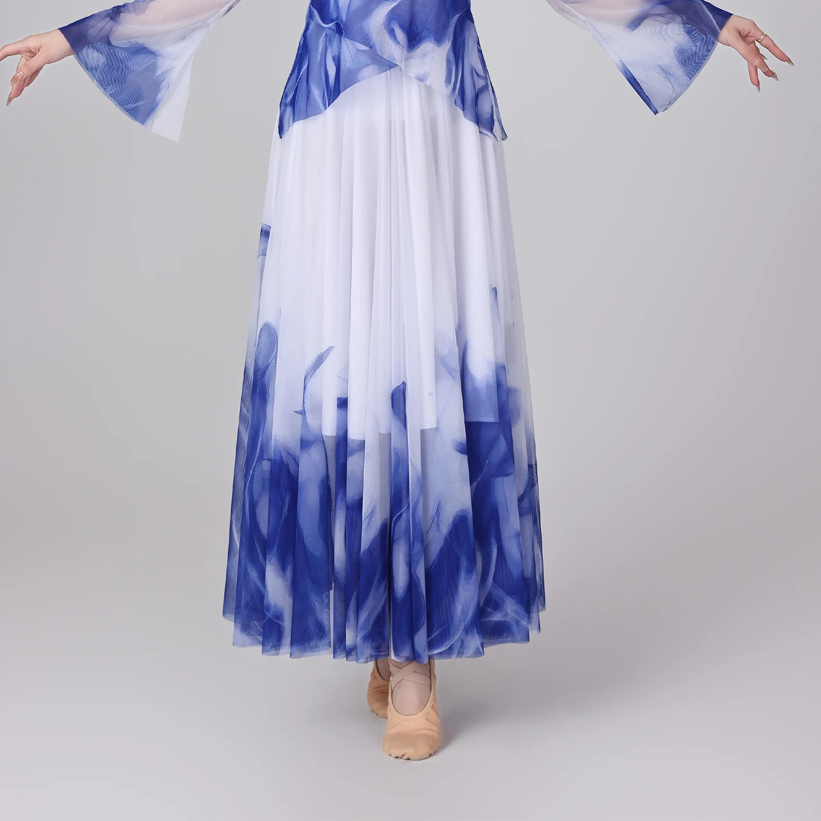 Women Oriental Dance Ink Painted Maxi Skirts Contrast Color Big Swing Mesh Skirt Dancwear for Classic Dance Lyrical Modern Dance