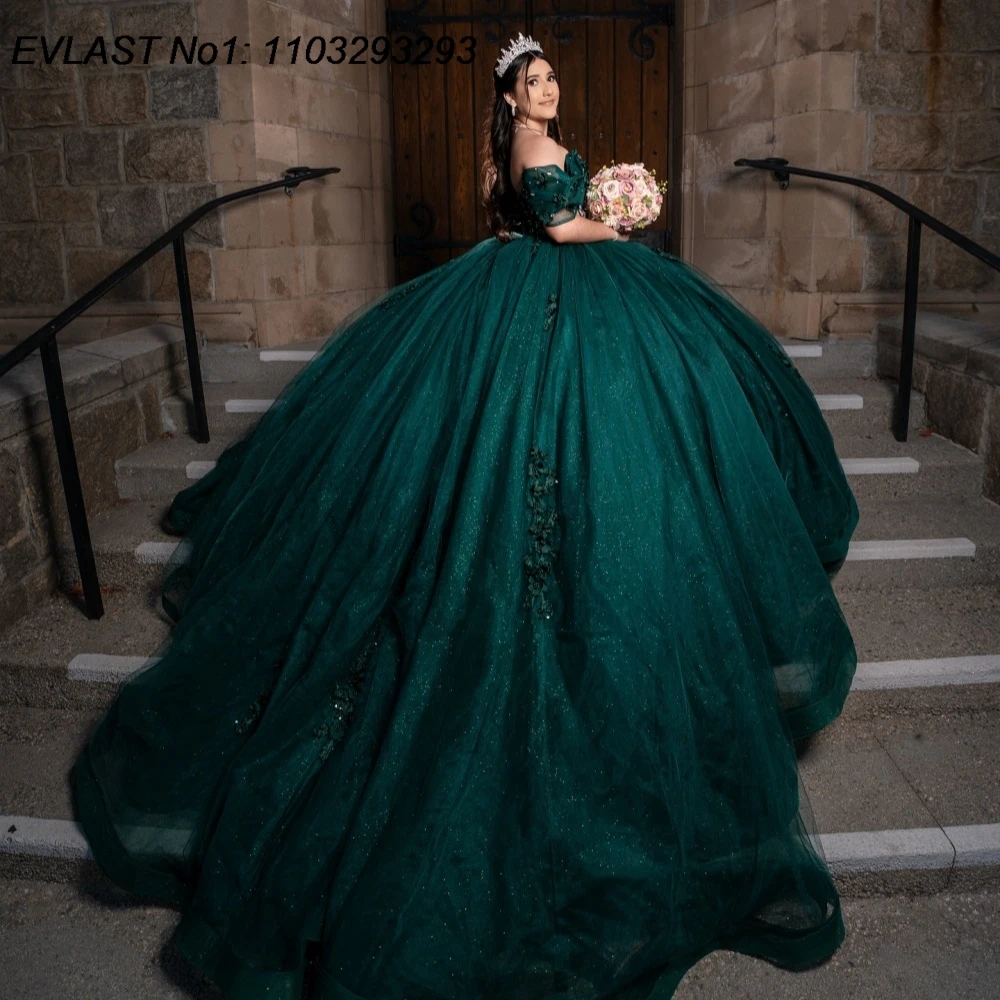 فستان Quinceanera مخصص باللون الأخضر اللامع من EVLAST فستان حفلة مزين بالدانتيل اللامع مطرز بالخرز الحلو 16 فيستدوس دي 15 أنوس E1QN656 #1