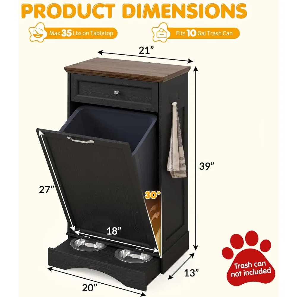 Tilt Out Trash Can Cabinet with Dog Bowl, 10 Gallon Dog Feeding Station, Storage Drawer