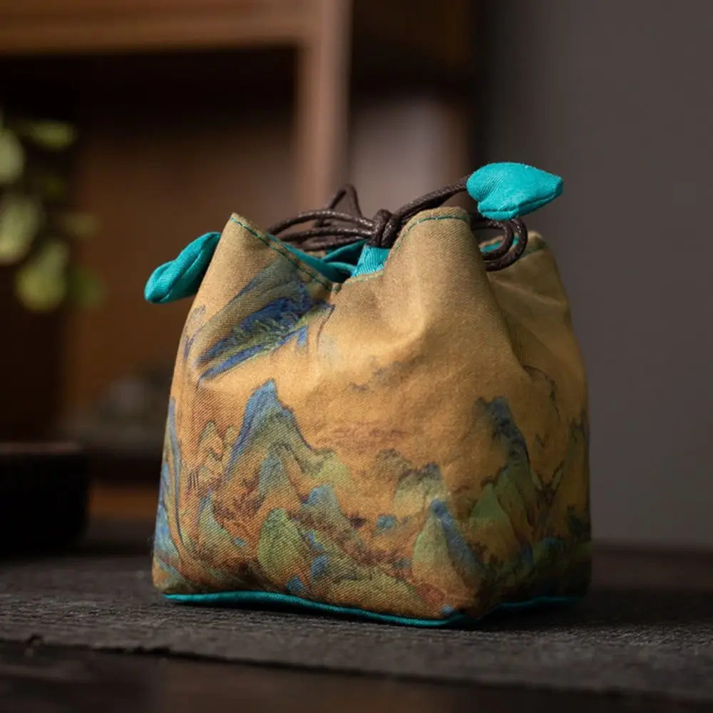 Chinese Style Teacup Drawstring Cloth Pouch Print Portable Teaware Storage Bag Multifunctional Breakage-proof