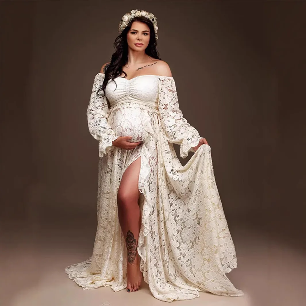 

Boho Style Lace Maternity Dress Bohemian Photo Shooting Pregnancy Dress Baby Shower Ruffled Split Cut Lace Dress