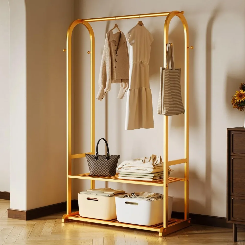 

Sturdy heavy duty clothes rack,gold clothing rack with bottom shelves and 6 side hooks,Metal garment rack for hanging clothes