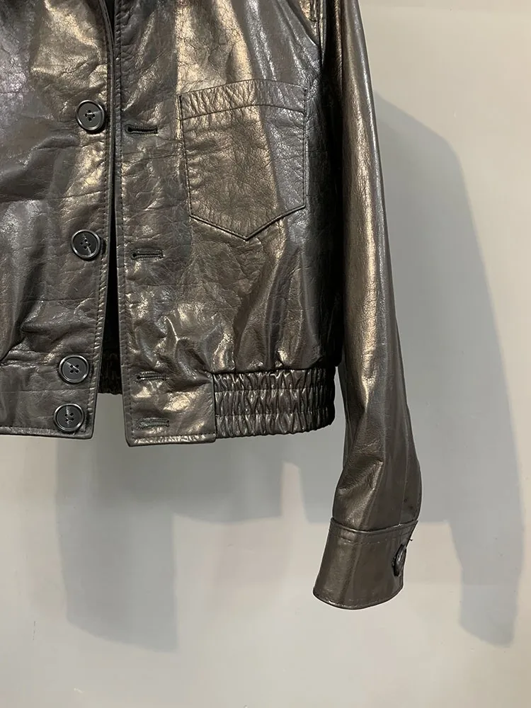 New Fashion Autumn Women Single Breasted Genuine Leather Jacket Loose Fit Oil Wax Turn Down Collar Office Lady Casual Outerwear