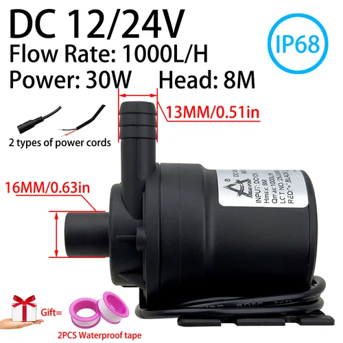 Bomba de agua con motor sin escobillas DC12/24V, 1000L/H, bomba sumergible de 8M de cabezal de 1/2 "", bomba de refuerzo de ducha, IP68, junta de pagoda