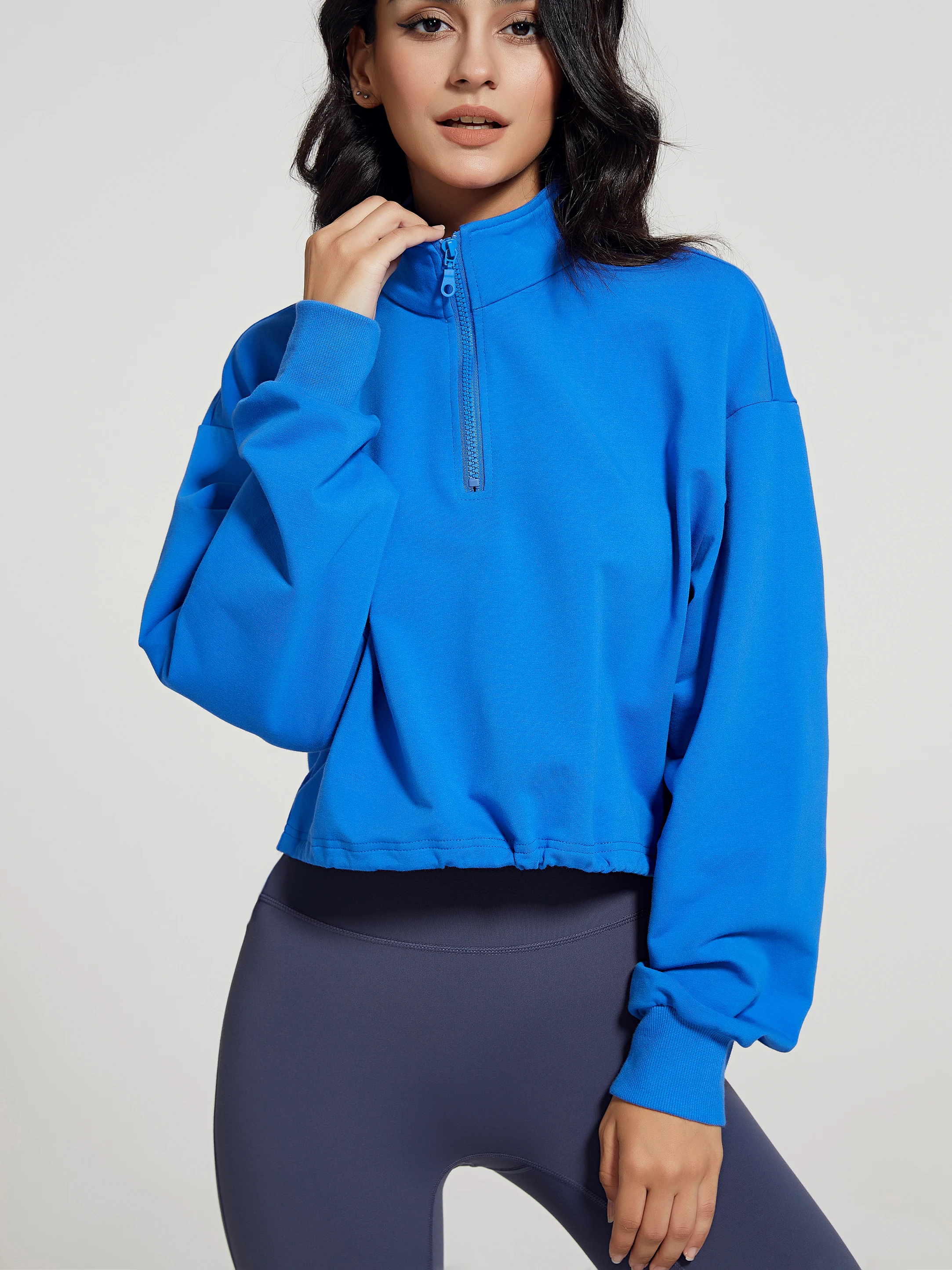 

Women's Cropped Zipper Stand Collar Long Sleeve Baggy Sweatshirts With Draw String Workout Casual Pullover Tops