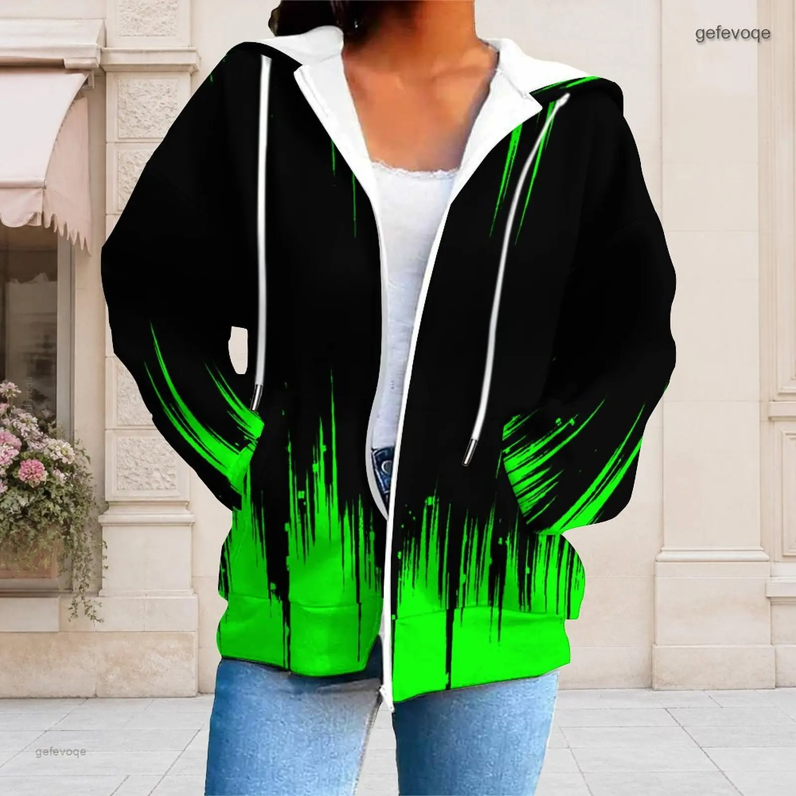 Women Black Neon Green Brush Stroke Print Zip Up Long Sleeve Hoodie