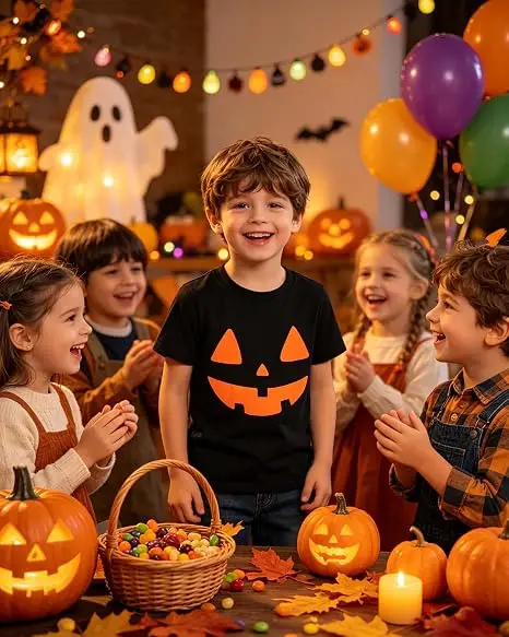 Little Hand Kids Halloween Pumpkin Face T-shirt Toddler 100%Cotton Short Sleeve Tee Boys Girls Holiday Casual Cotton Top 2-7T
