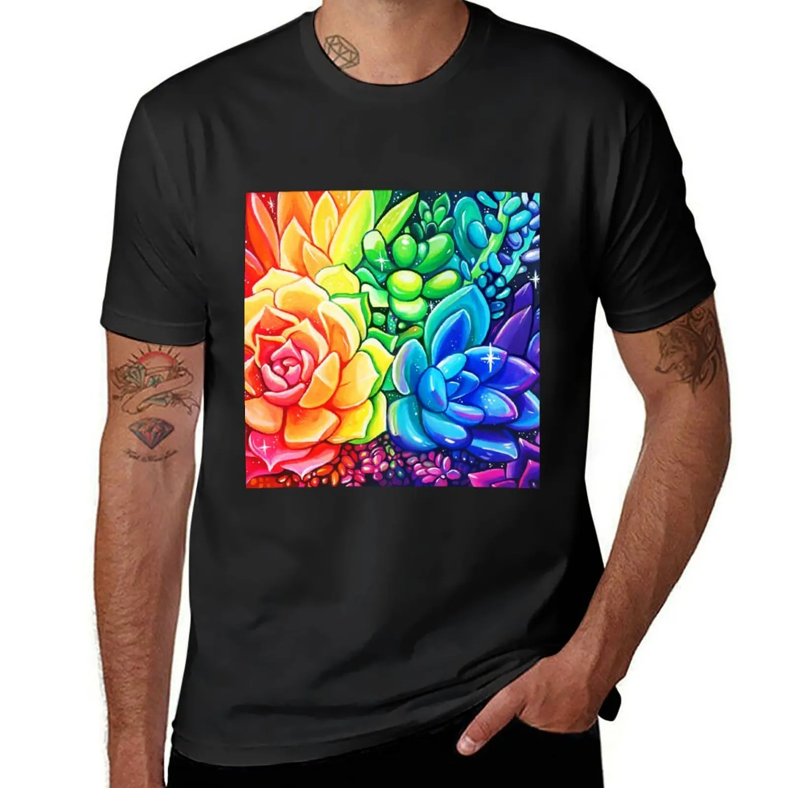 Rainbow Succulents - Acrylic Painting T-Shirt vintage summer top mens cotton t shirts