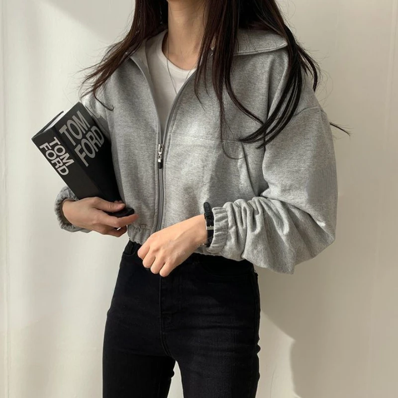 Sweatshirts Women Pockets Harajuku Cropped Feminine Casual Solid Stylish All-match Soft Streetwear Ins New Arrival Autumn Basic