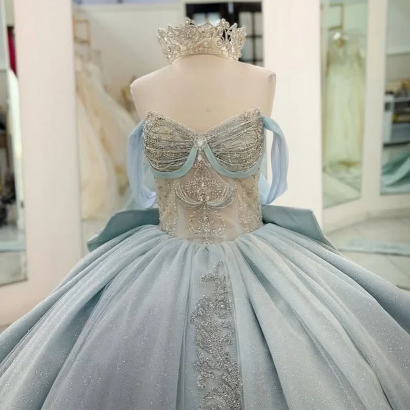 

Shiny light blue Quinceanera Dress Glitter 3D Flower Decal off-shoulder Long tail Bow Vestidos De 15 Quinceanera ﻿Customize