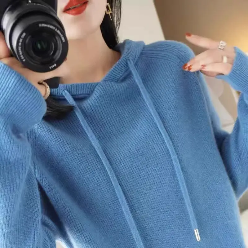High-grade hooded cashmere sweater women's wear bottoming sweater cashmere sweater sweater lazy wind