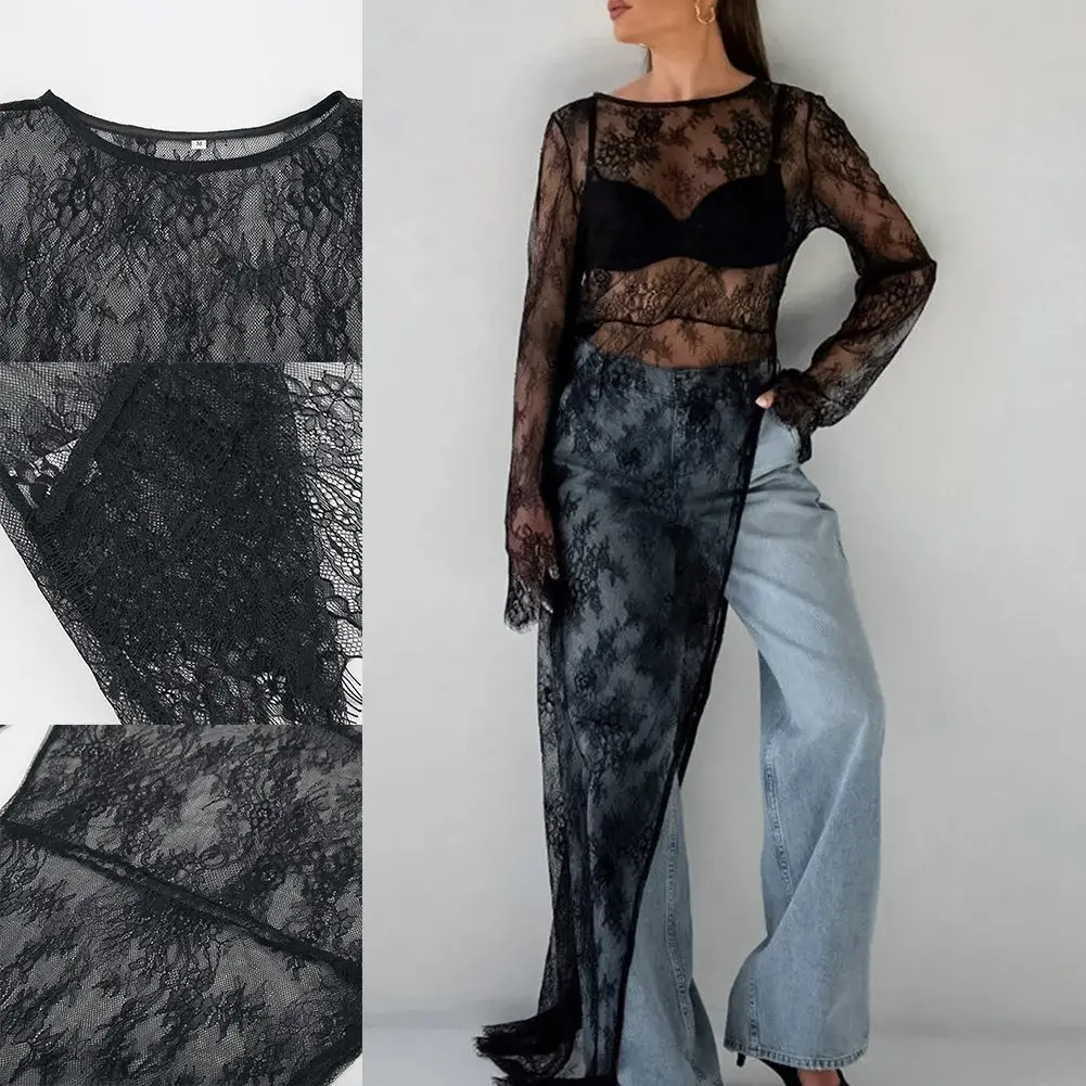 فستان كاجوال فستان غير منتظم فستان نسائي فستان دانتيل أسود علامة تجارية جديدة بحالة ربيع الخريف فستان طويل بلوفر