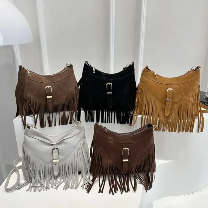 

Повседневная сумка на плечо с кисточками в корейском стиле, однотонная замшевая сумка из искусственной кожи в этническом стиле, богемный стиль, сумки для подмышек, дорожные сумки