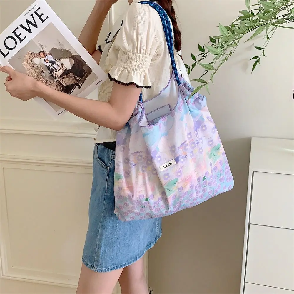 Korean Style Large-capacity Shoulder Bag Drawstring Shopping Bag Floral Tote Bag Underarm Bag Luggage Bags