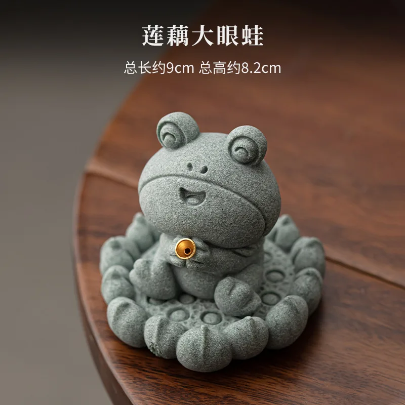 

Green Sandstone Lotus Root Big Eyed Frog Tea Pet Incense Holder Zen Garden Incense Burners Meditation Censer Yoga Ornaments Gift