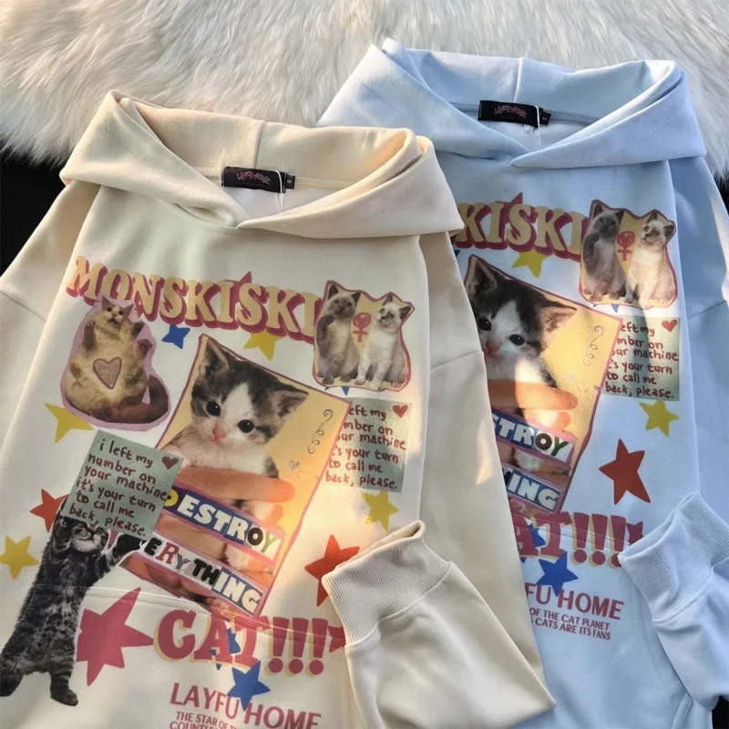 

Kawaii Animal Cat Graphic Hooded Sweatshirt Emo Hip Hop Oversized Long Sleeved Hoodies Youthful Women Pullover 2000s Clothes Y2k