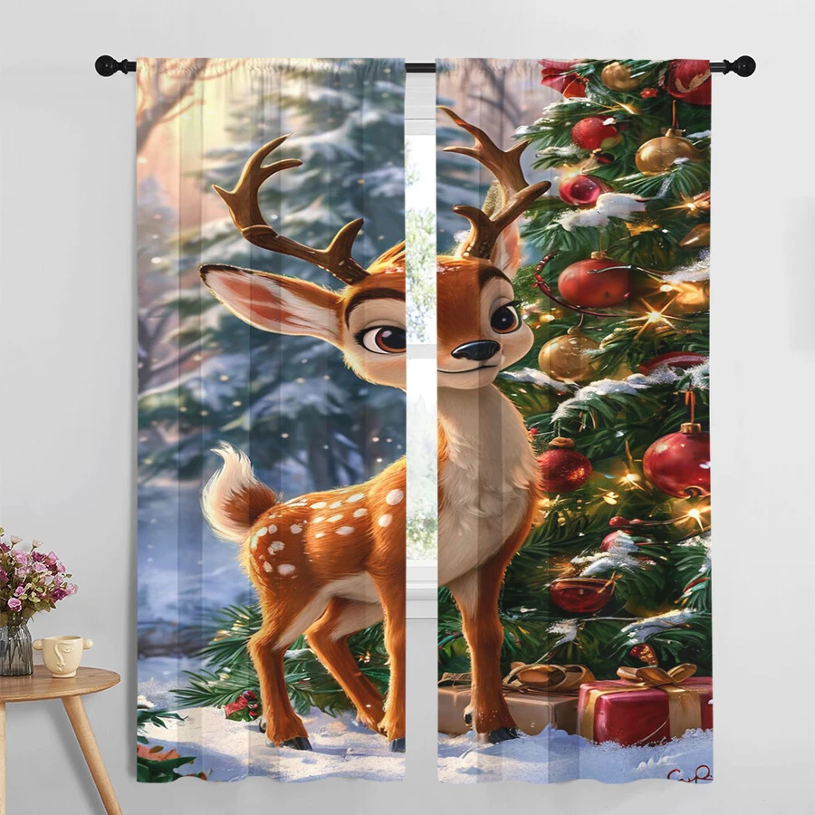 2PCS Cute Cartoon Deer Curtains, Christmas Tree Gift Box Snowy Forest, Kids Holiday Window Drapes for Bedroom Living Room Decor