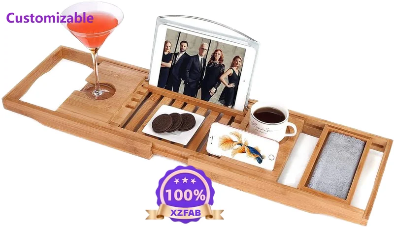 Factory Direct 2026 Adjustable Luxury Bamboo Bath Organizer Tray Bathroom Sets Book Tablet Wine Glass Cup Towel Holder Bathtub