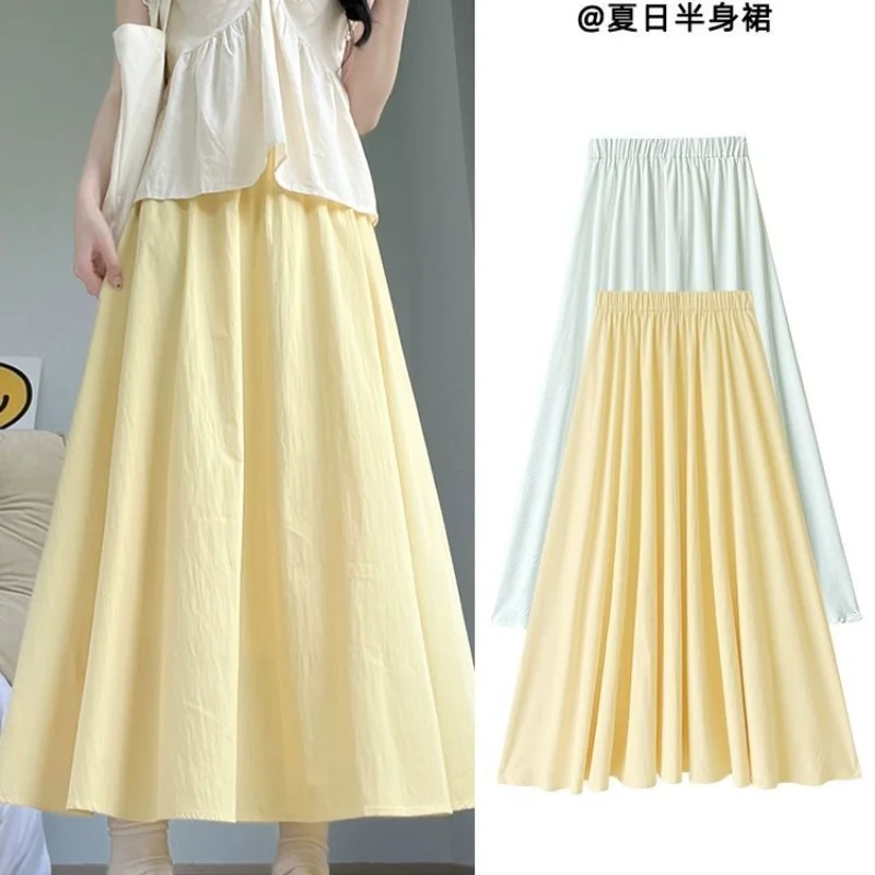 Yellow Midi Skirt for Women Thin High Waisted A-line Y2k Pleated Long Skirt Cute Ice Silk Skirts Women's Summer Skirt