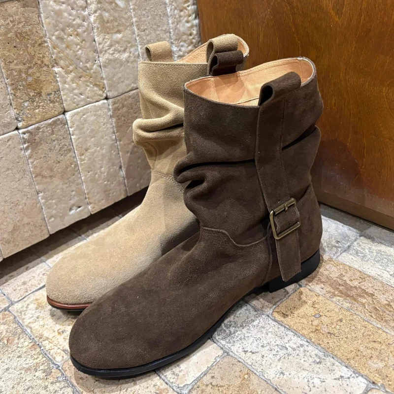 Aneikeh الخريف الشتاء ساحة منخفضة عالية الكعب امرأة حذاء من الجلد خمر الشرير نمط حزام مشبك جولة تو أحذية السيدات #5