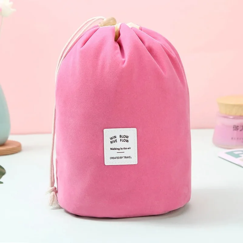 New Fashion Velvet Cylinder Drawstring Convenient Solid Color Makeup Bag Female Waterproof Cylindrical Makeup Bag Toiletry Pouch