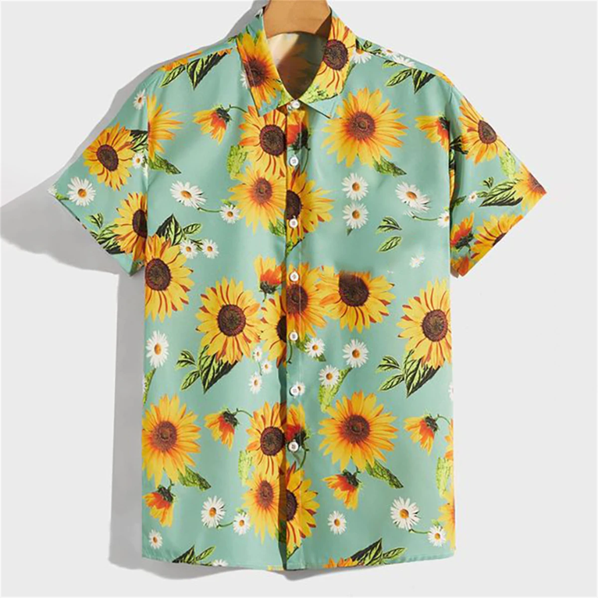 Summer Daisy Print Hawaiian Casual Men's Short Sleeve Shirt Plus Size Fashion Men's Lapel Top Everyday Men's Short Sleeve Shirt