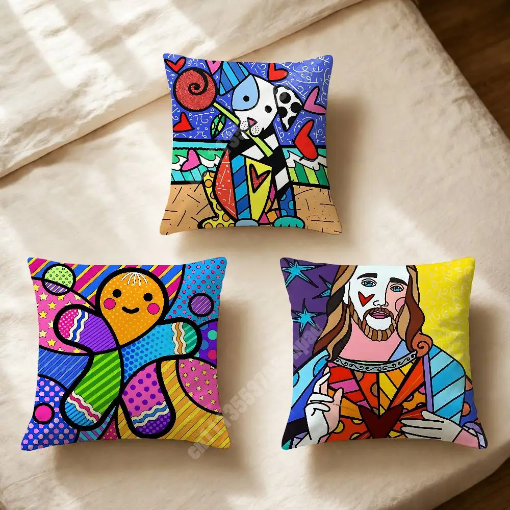 R-Romero Britto-S Style Painting Pillow Cover Cushion Case Sofa Couch Modern Apartment Decor Family Furnishing