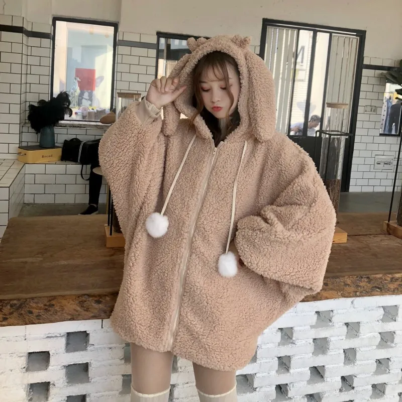 

Women Pocket Cute Rabbit Ears Plush Hoodies Sweatshirt Elegant Faux Fur Hooded Jacket Autumn Winter Warm Soft Zipper Coat Korean