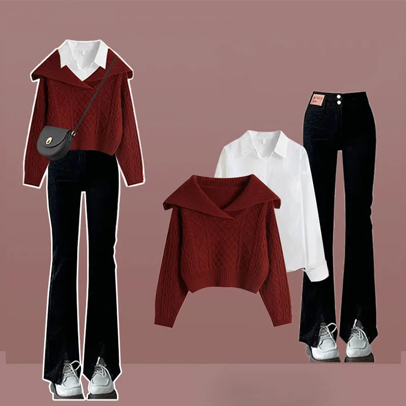 Conjunto de tres piezas para mujer, suéter de punto con cuello tipo Polo coreano, camisa y pantalones vaqueros, ropa de otoño e invierno, novedad de 2024