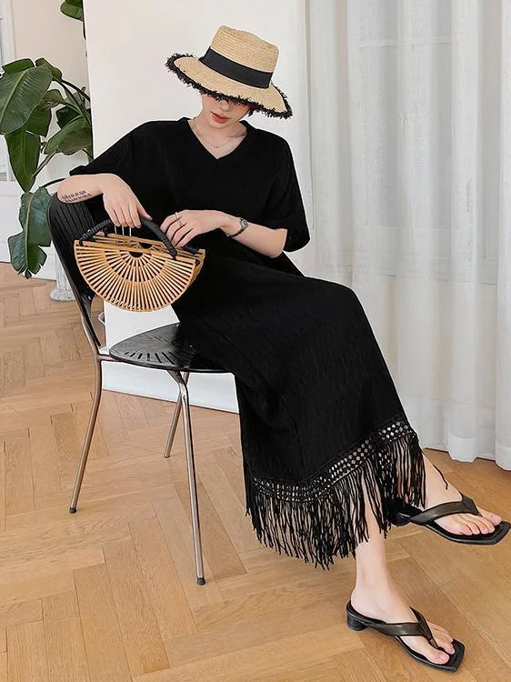 T-shirt décontracté d'été grande taille Dr avec frange taille ample couvrant le ventre effet minceur pour femmes grande taille longue Sve...