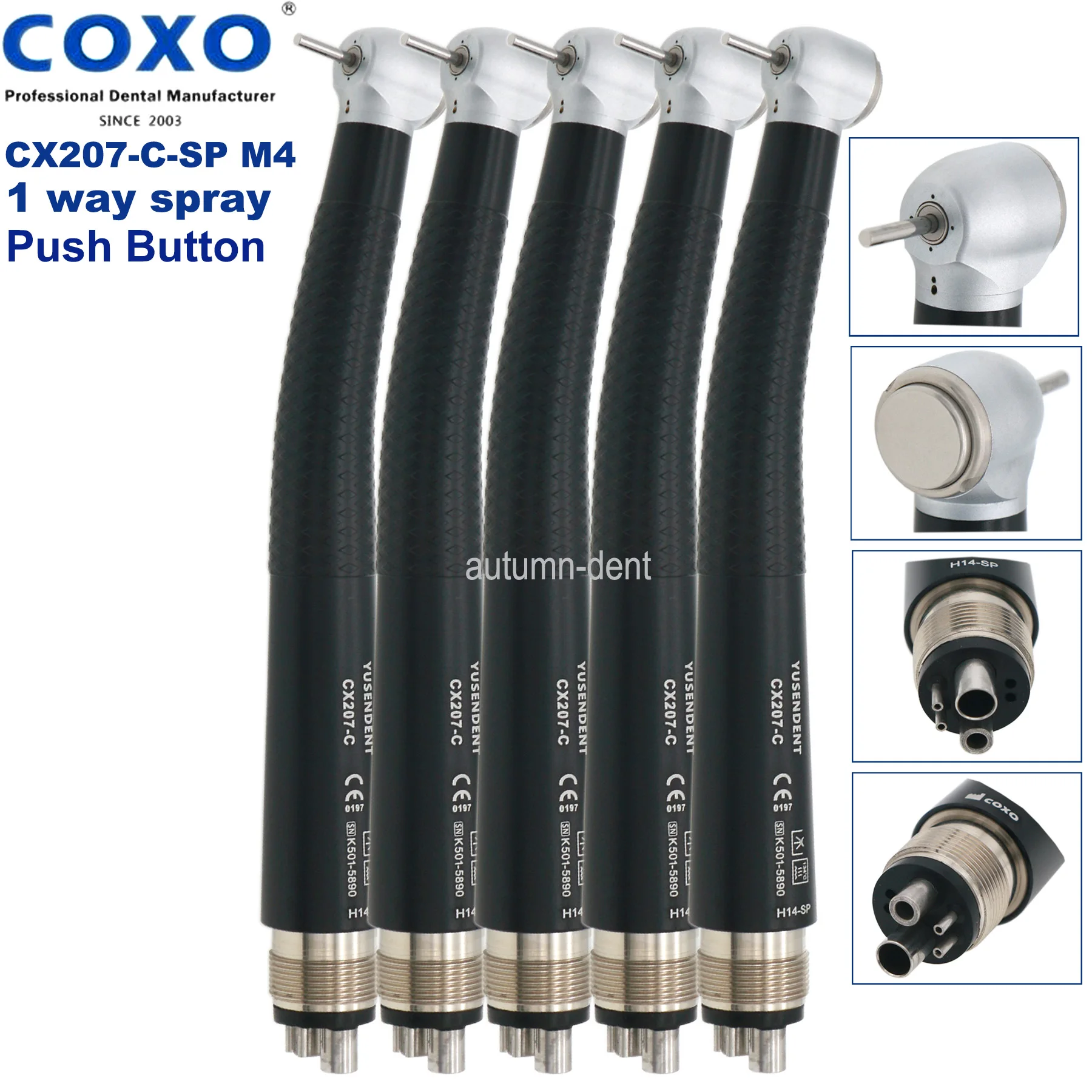 

COXO YUSENDENT Dental High Speed Handpiece CX207-C- M4 4Hole Single Water Spray Blue Air Turbine Push Button Cleaning Tools