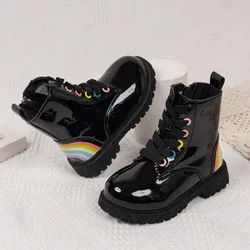 Girls Fashion Boots Rainbow Special Kids Ankle Boots Black PU Leather Rubber Boots for Toddlers Kids Autumn Winter New Soft Chic