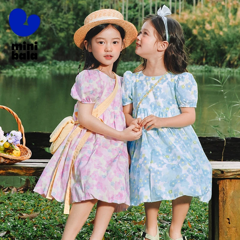 Mini Bala Dress Girls Children Dress Summer Skin-Friendly Pure Cotton Bubble Sleeve Sweet Dress