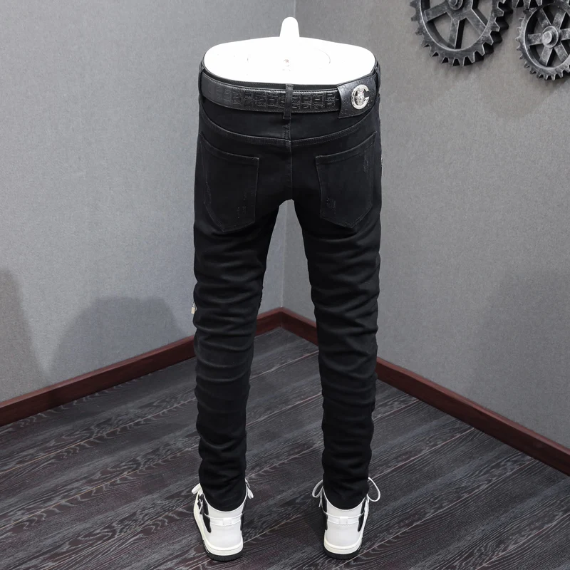 High Street Fashion Men Jeans Black Stretch Slim Fit Patched Ripped Jeans Men Zipper Spliced Designer Hip Hip Y2K Denim Pants
