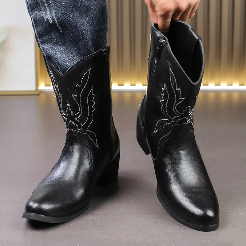 

Winter New Western Cowboy Boots for Men Retro Black Men's Leather Boots Totem Comfort High Boots Men Riding Boots Large Size 46