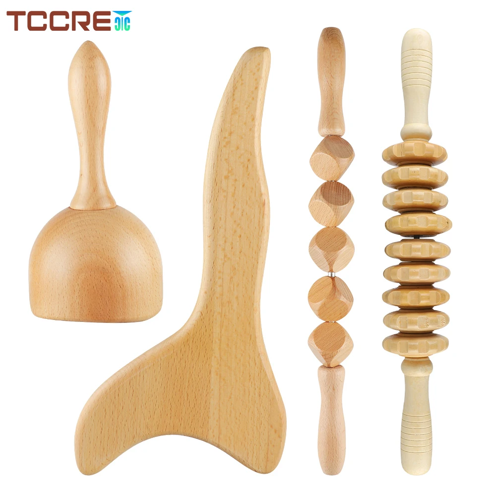 4Pcs/Set Wood Massage Roller Stick Massage Cup Scraping Board Wood Therapy Massage Tools for Body Sculpting Lymphatic Drainage