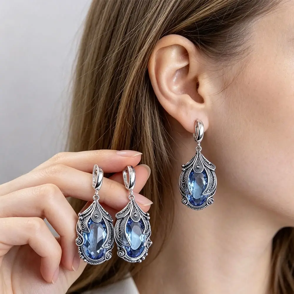 Silver-Plated Metal Zircon Drop Earrings Oval Zircon Stone Long Dangle Long Drop Earrings Ornate Inlaid Crystal Dangle Earrings