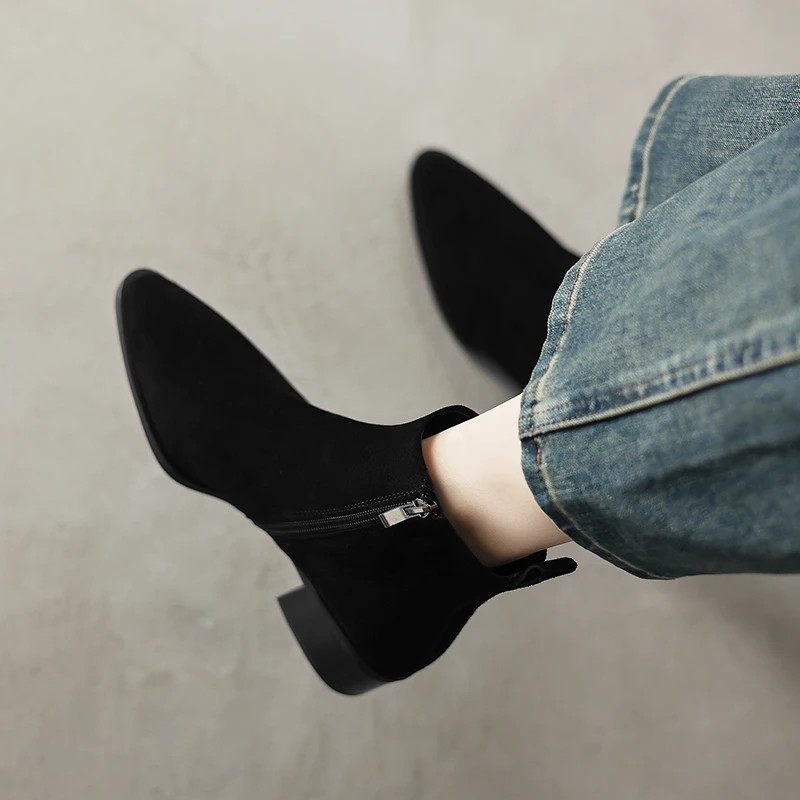 2026 new autumn winter women ankle boots plus size natural leather 22-26cm cow suede round toe thick heel side zip short boots