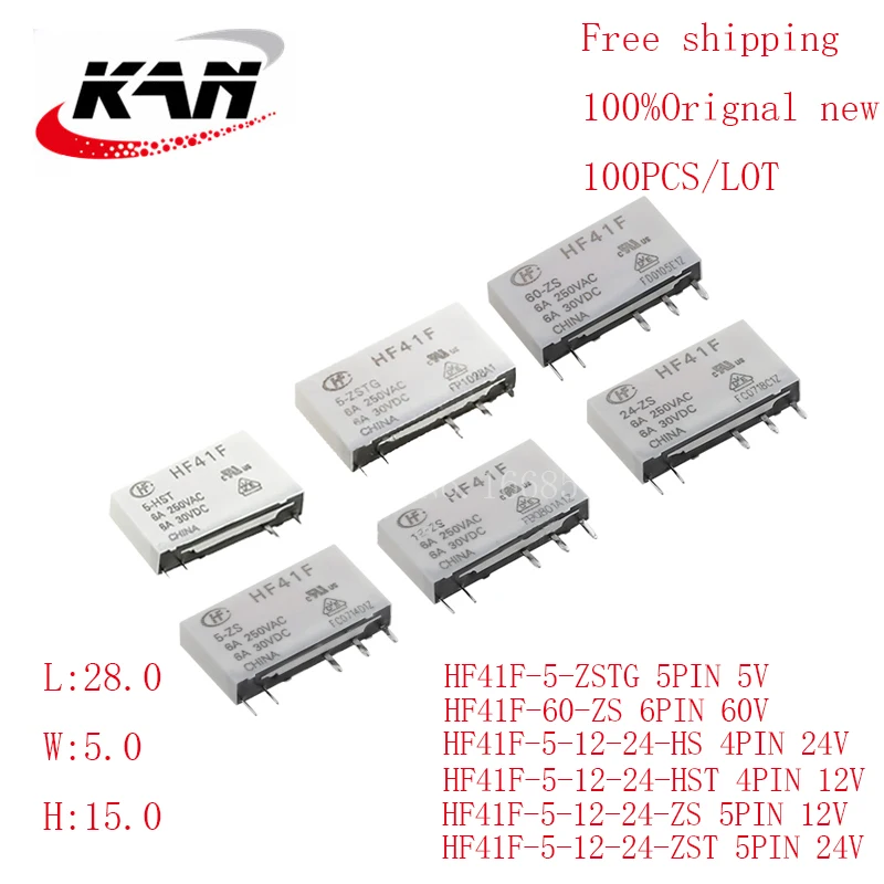 

Free shipping 100pcs Power relay HF41F-5-HS HF41F-12-HS HF41F-24-HS 5VDC 12VDC 24VDC 6A 250VAC 4PIN Original New