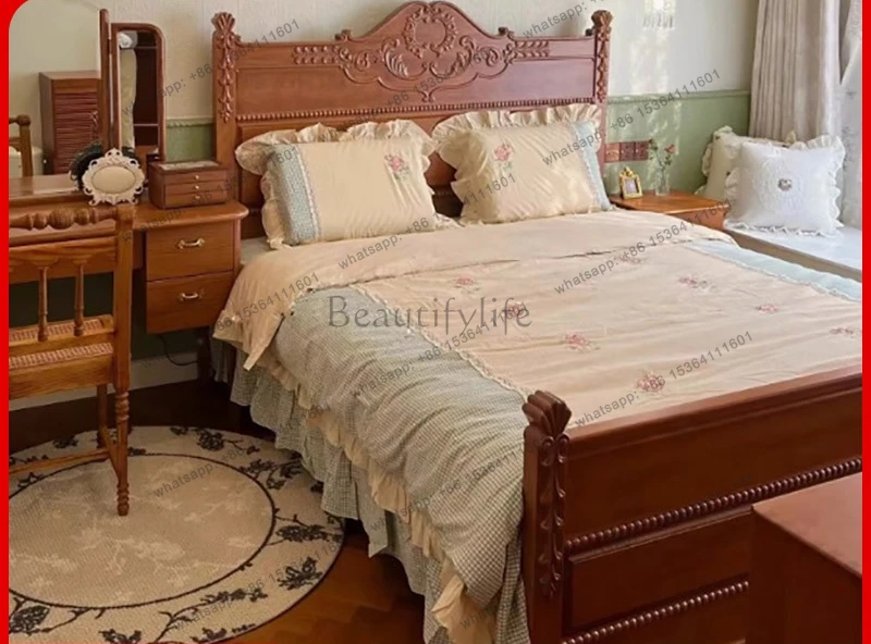 French retro carved American solid wood medium and ancient style master bedroom 1.8 meters bed